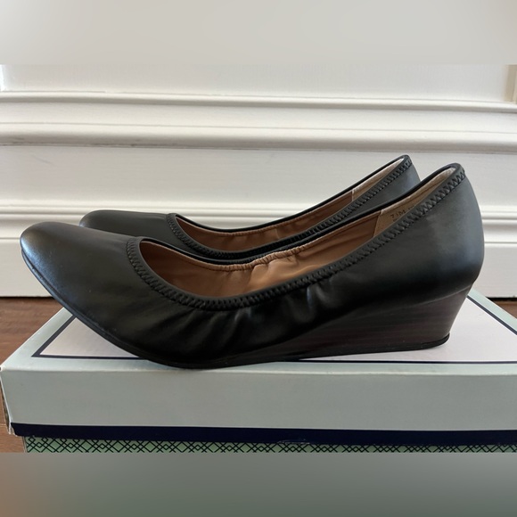 Susina Shoes - Susina Size 7.5 Fraya-Lea Black Leather Wedge Heel Shoes In Box Fraya Lea 7 1/2